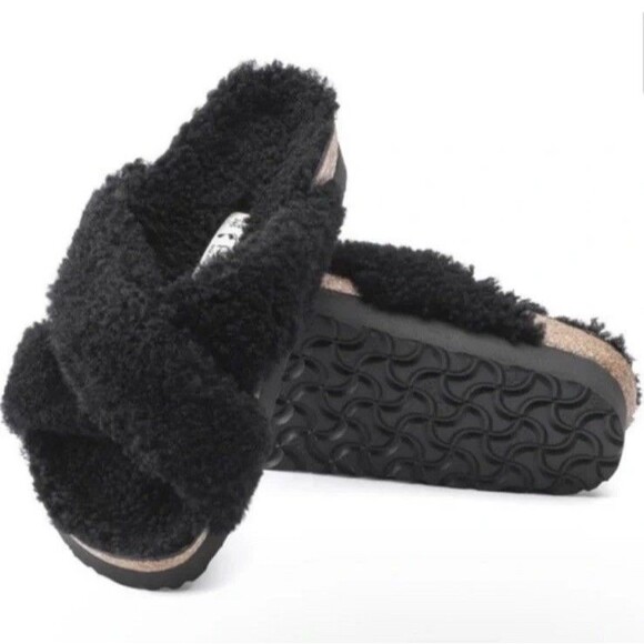 Papillio By Birkenstock Black Shearling Platform Sandals, Size 37 EU/6-6.5 US - Picture 1 of 16